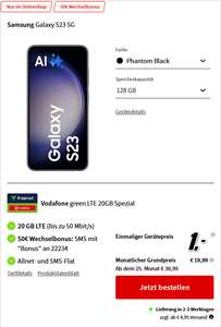 Vodafone Netz: Samsung Galaxy S23 (128GB) im Allnet/SMS Flat 20GB LTE für 19,99€/Monat, 1€ Zuzahlung, 50€ Wechselbonus (O2 +29€)
