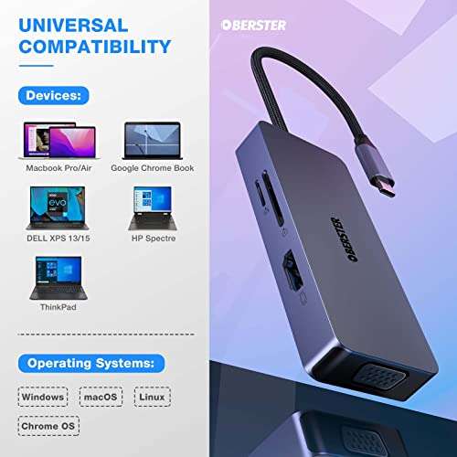 USB C Hub, 6 in 1 USB C Adapter mit 4K HDMI, VGA, USB C, 2 USB 2.0, SD/TF