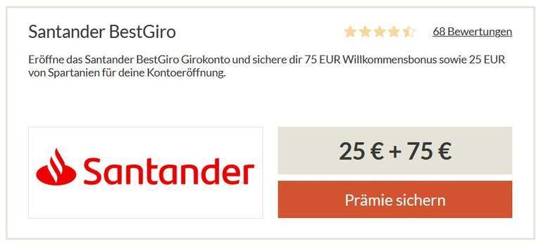 100€ Prämie! 75€ Bonus für Santander Girokonto + 25€ von Spartanien, kein Mindesteingang, kostenlose VISA Karte, Apple+Google Pay, Neukunden