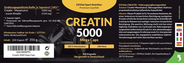 Creatin 5000 Mega Caps, workout booster, 5000 mg Creatin Monohydrat pro Tagesdosis, 300 vegane Kapseln, 100% rein mit Mesh Faktor 200