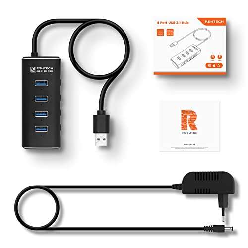 RSHTECH USB 3.1 Hub Gen2 Aktiv mit Netzteil (Aluminium) und Ein/Aus-Schalter (auch mit 7 Ports erhältlich)