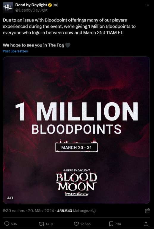 Dead by Daylight - 1 Million kostenlose Blutpunkte