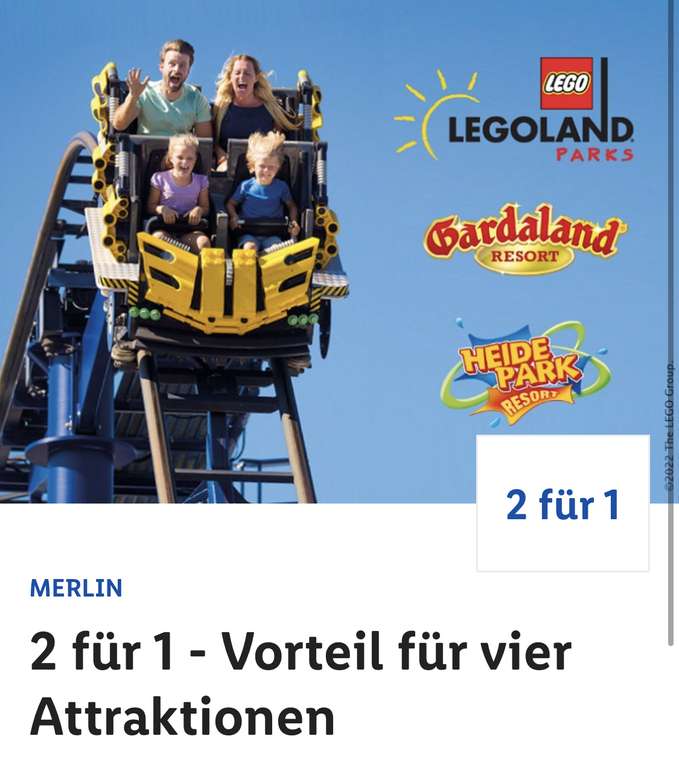 (Lidl+) 2 Tickets zum Preis von einem: Heide Park Resort, Legoland (D/DK) oder Gardaland Resort