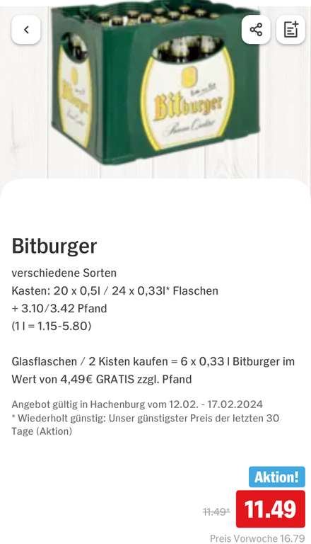 [Hit evtl. lokal] 2 Kisten Bitburger kaufen, Sixpack gratis dazu
