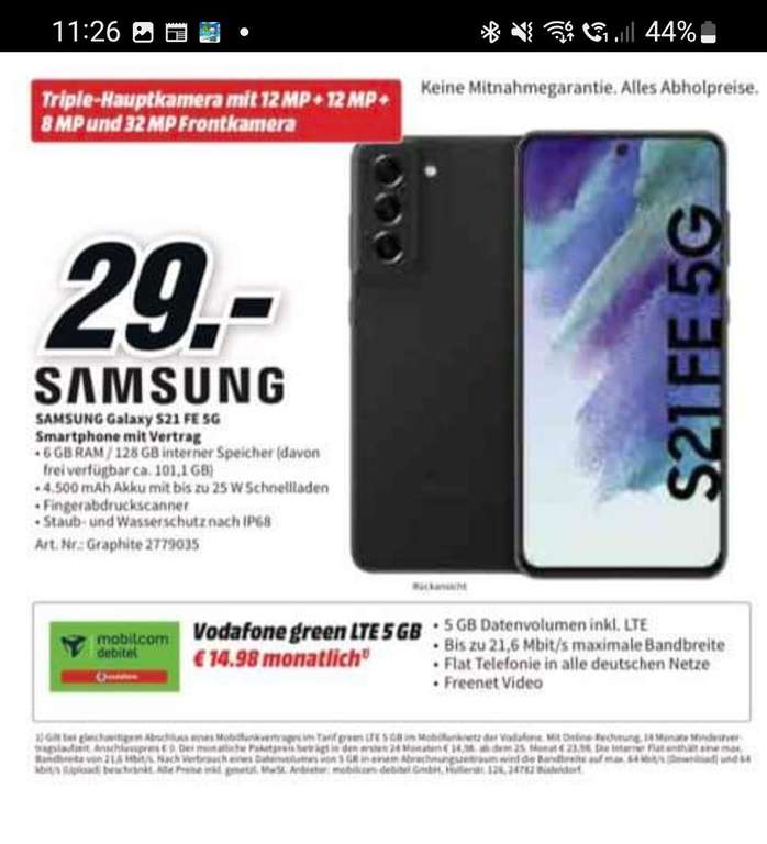S21 FE + 5GB LTE + Mobilcom Green LTE+ im Vertrag Lokal MM Oldenburg