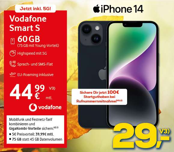Lokal Neueröffnungsangebot Vodafone Smart S mit Gigakombi 39,99€/mtl. & 75GB IPhone 14 128GB z.Z 29€ bei EURONICS in Ratingen