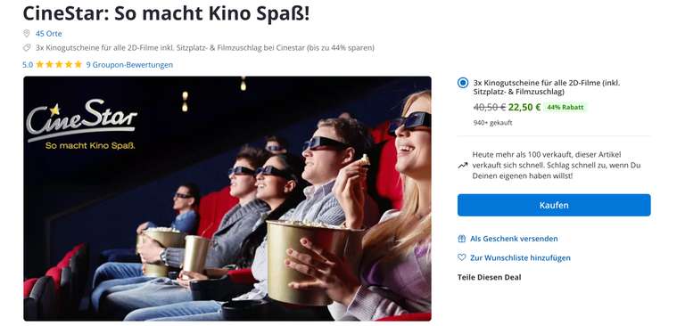 [Groupon + Payback] Cinestar 3x Kinogutscheine für alle 2D-Filme (inkl. Sitzplatz- & Filmzuschlag)