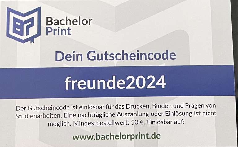 [BachelorPrint] 2024 5€ Gutschein für das Drucken von Abschlussarbeiten (MBW 50€)