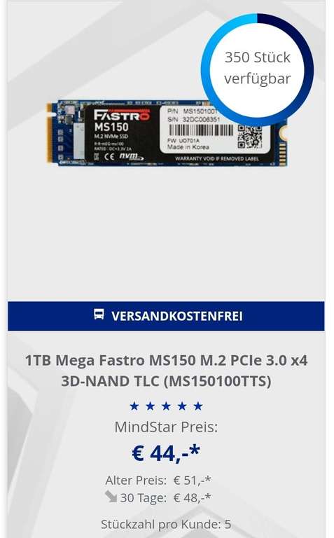 [Mindstar] Mega Fastro MS150 1TB SSD M.2 NVMe PCIe 3.0 x4 3D-NAND TLC