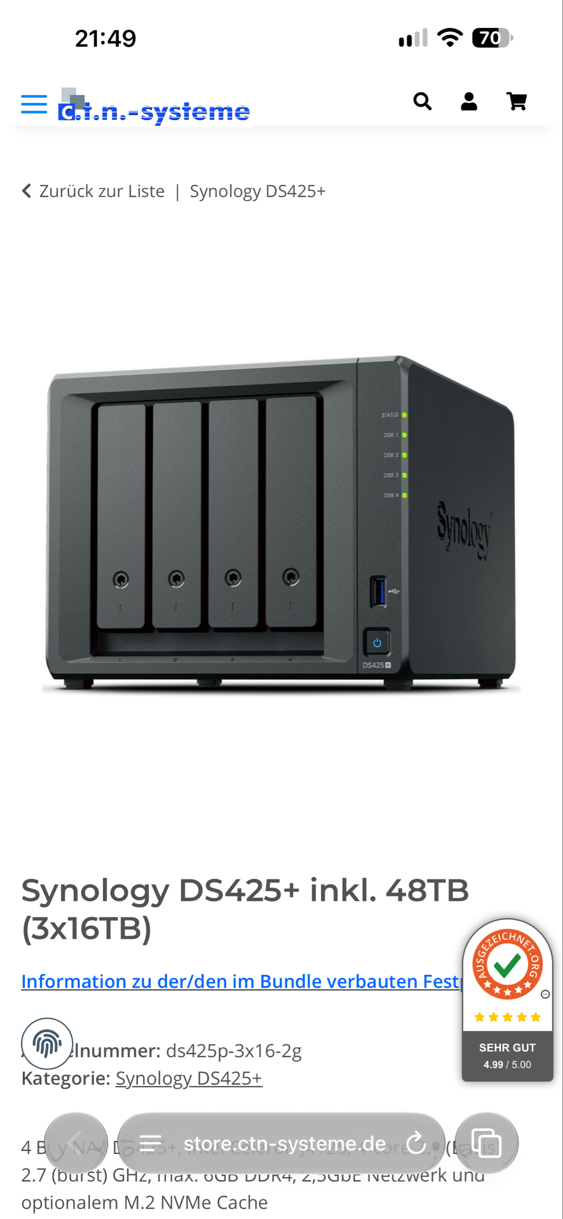 Synology DS425+ inkl. 48TB (3x16TB) Seagate EXOS Serie