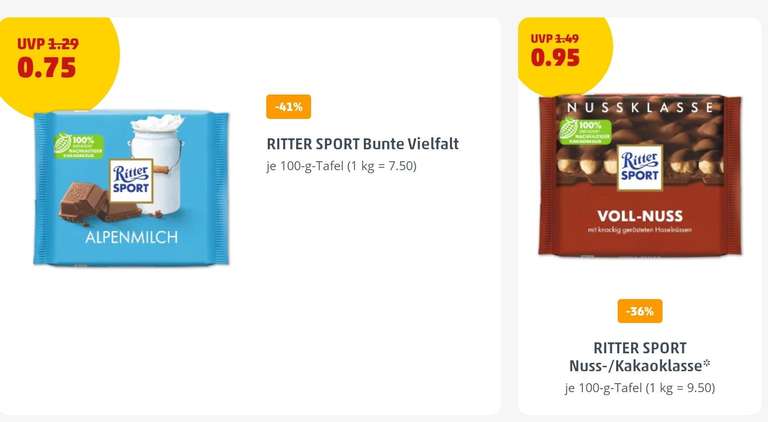 (Penny) Ritter Sport Bunte Vielfalt 0,75€, Nussklasse 0,99€