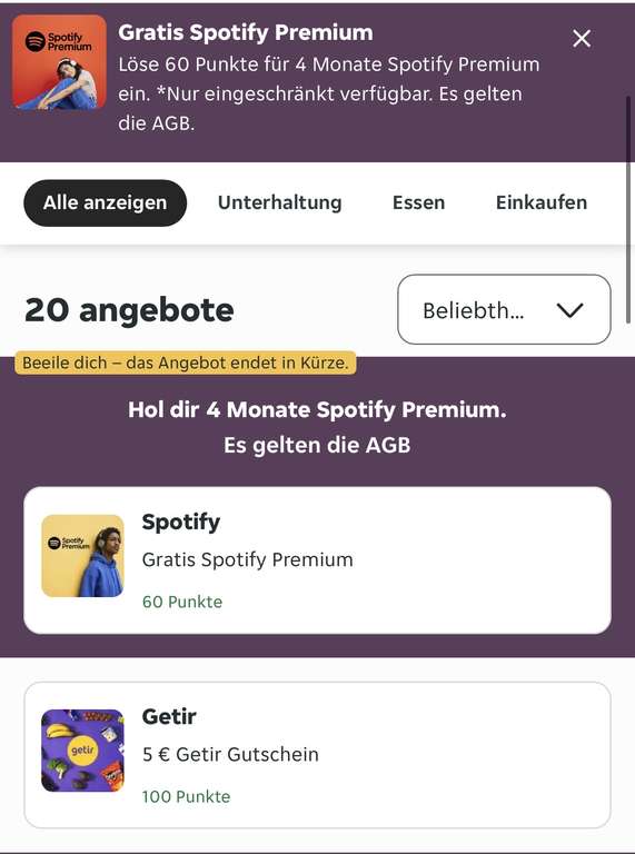 Spotify Premium 4-Monate für 60 Punkte // Lieferando (Neukunden)