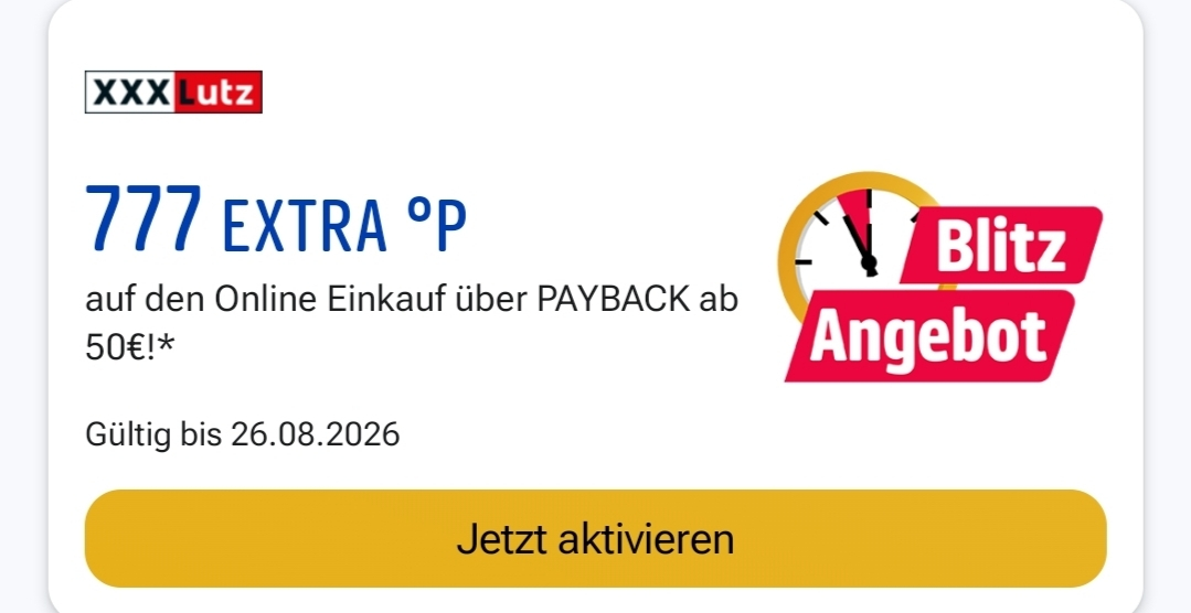 Payback XXXLUTZ: 777 EXTRA °P auf den Online Einkauf ab 50 Euro - scheinbar personalisiert
