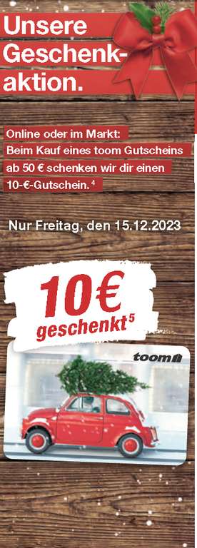 [Toom.de & Filialen | nur am 15.12.2023] 50€ Gutschein kaufen, einen 10€-Gutschein geschenkt dazu bekommen