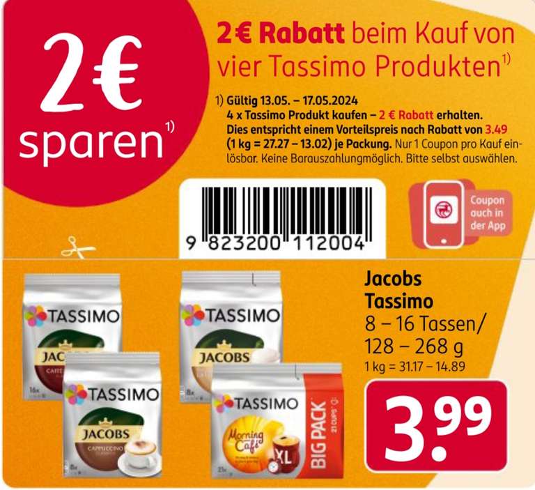 [Rossmann] 4 Packungen Tassimo für 12,56 Euro (3,14 € / Packung) mit Coupons