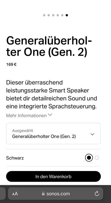 Wieder verfügbar: Sonos One Gen.2 schwarz refurbished (Generalüberholt)