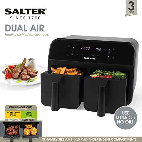 Salter EK4750BLK Dual Air Fryer, Larger Double Drawer Non-Stick Air Fryer Oven, Sync & Match Function, 7.4L, Digital Display, 2400W