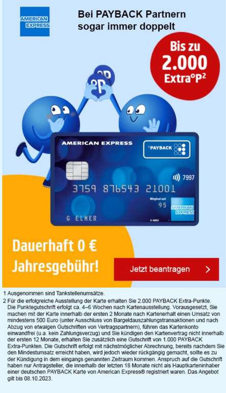 Payback/AMEX bis zu 2000° extra Payback Punkte auf die kostenlose PAYBACK American Express Kreditkarte, dauerhaft 0 € Jahresgebühr