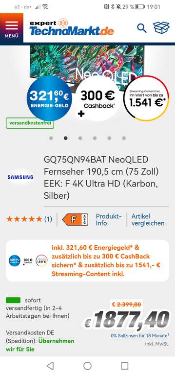 Samsung GQ75QN94BATXZG für 1.877,40 € - 300 € Cashback zzgl. Streaming Content