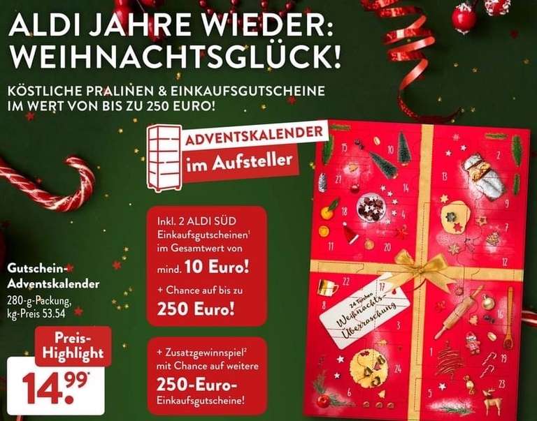 Ab 28.10: ALDI Adventskalender mit garantiert 2x 5€ Einkaufsgutscheinen uvm. [Lokal ALDI Nord & Süd]