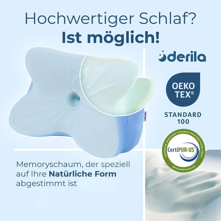 Derila Ergonomisches Kopfkissen – Memory Foam, Nackenkissen, Seitenschläfer- kissen bei Amazon at Amazon 39,36€
