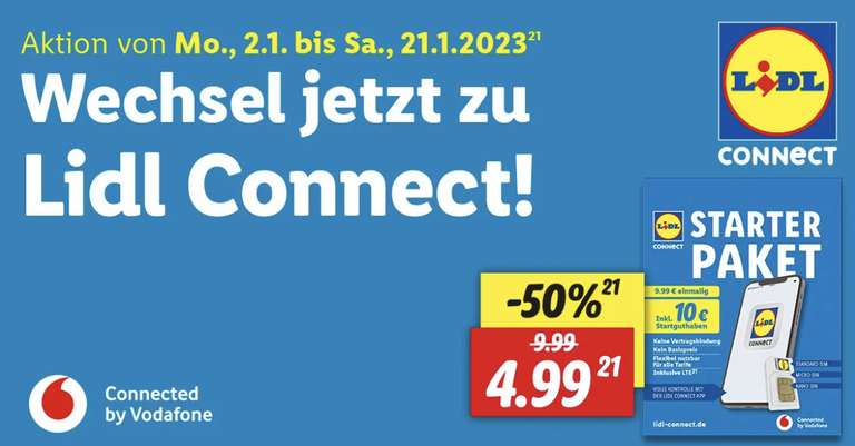 Lidl Connect Prepaid Starterset statt 9,99 Euro nur 4,99 Euro + 25 Euro Extrabonus bei Rufnummern-Mitnahme