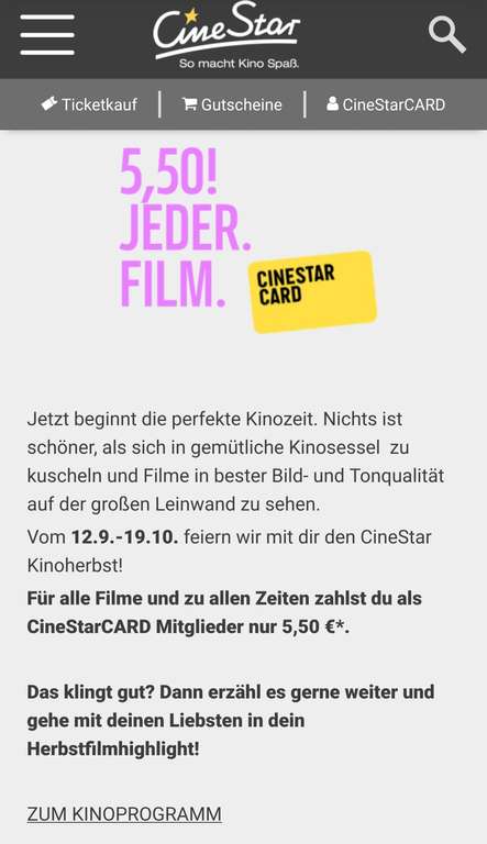 Cinestar Mitglied - 5,50€ pro Kinoticket bis 19.10.22