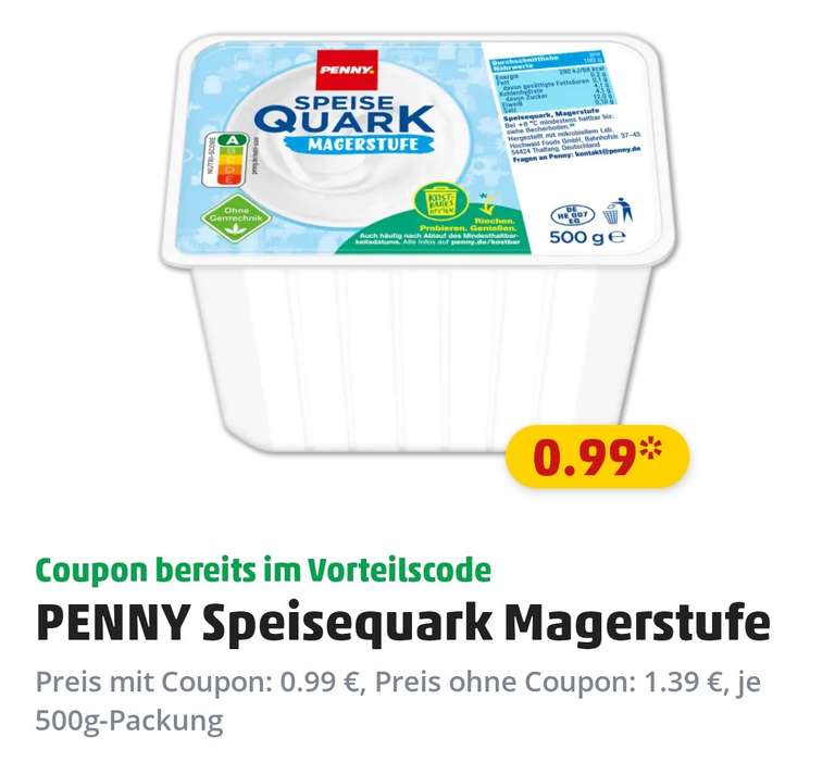 [Penny App] 500 g Penny Speisequark Magerstufe / Magerquark (App Coupon aktivieren)
