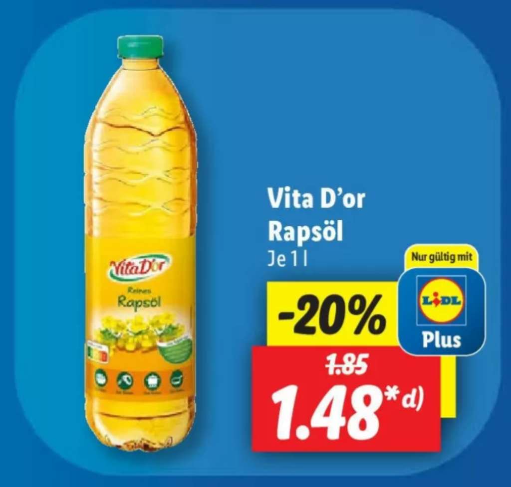 LIDL PLUS APP] Vita D\'or Rapsöl 1 Liter für 1,48€ statt 1,85€ | mydealz