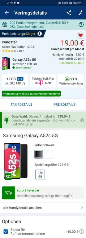 (Telekom) 12 GB/50 MBit Allnet Flat Congstar/LogiTel 22 Euro mtl. - 1 M. Free - 10€ RNM - 50€ CB - 30€ check24 - Samsung A52s 5g/black 128