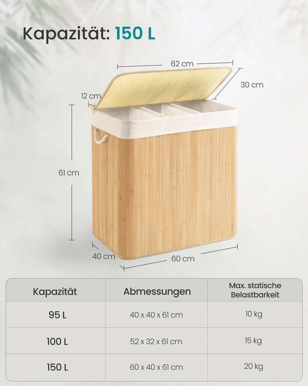 SONGMICS Wschekorb Bambus 3 Fcher  sortiert & praktisch, bei Amazon