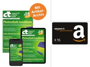 5 Ausgaben c't für 19,50€ (Digital) oder für 23,25€ (Dig.+Print) mit 15€ Amazon-GS oder mit Sonderheft (Python|Energie|Raspi) + 10€ Amazon