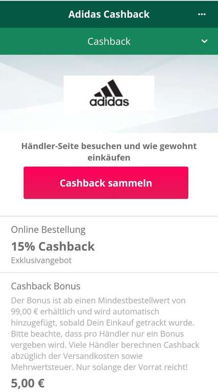 [Topcashback] Adidas 15% Cashback und 5€ Bonus ab 99€ Mindestbestellwert
