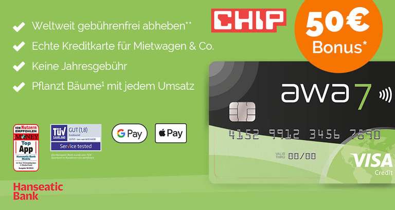 awa7 (50€ Bonus, Chip.de) kostenlose Kreditkarte
