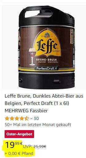 Leffe Brune, Dunkles Abtei-Bier aus Belgien, Perfect Draft (1 x 6l) MEHRWEG Fassbier [Amazon]