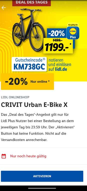 Lidl online] CRIVIT Urban E-Bike X mit Carbon-Riemen - Gutschein in Lidl  App | mydealz