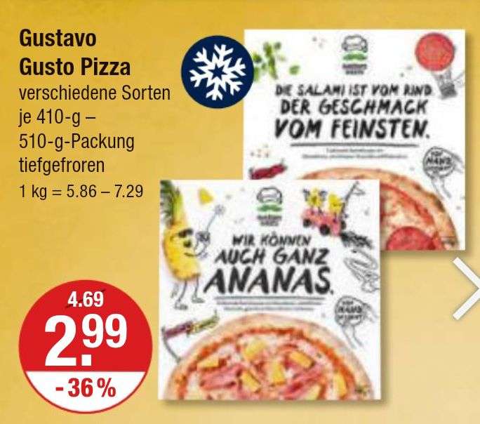 V Markt Südbayern: Pizza von Gustavo Gusto, verschiedene Sorten, 410g-510g, läuft noch bis nächsten Mittwoch