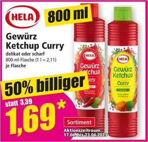 Hela Gewürz Ketchup Curry, delikat oder scharf, 800 ml für 1,69 Euro [Norma Süddeutschland]