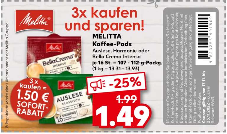 Melitta Kaffeepads Gutschein 3x kaufen und 1,50€ sparen bei Kaufland!