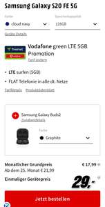 Vodafone Netz: Samsung Galaxy S20 FE 5G 128GB cloud navy & Galaxy Buds 2 im Allnet 5GB LTE für 17,99€/Monat, 29€ Zuzahlung