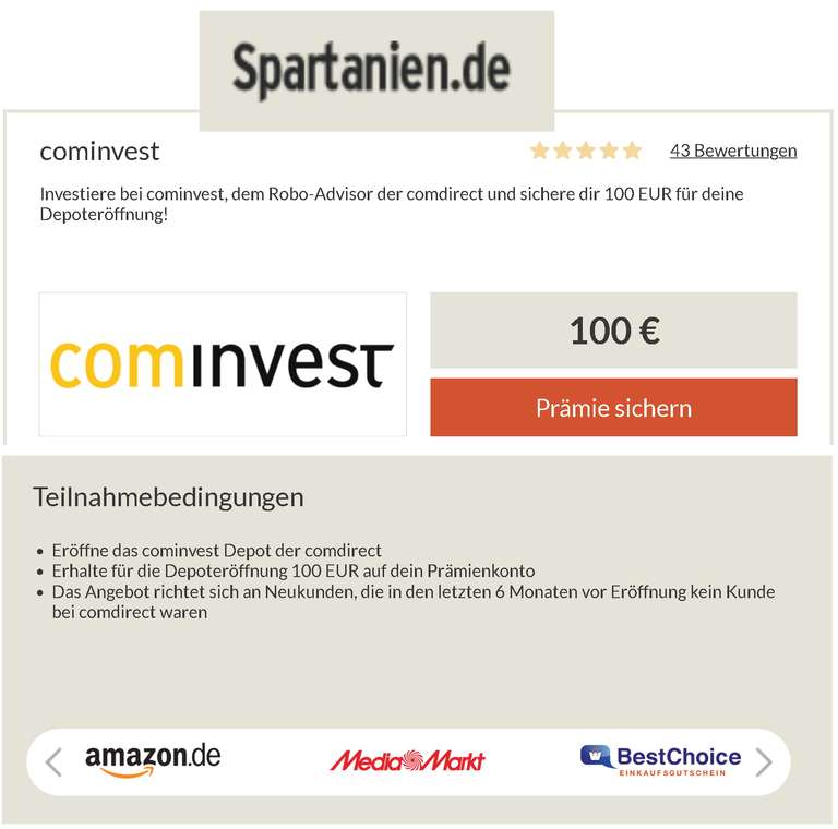 [cominvest + Spartanien] 100,- Euro Prämie für die Eröffnung eines cominvest Depots (Robo-Advisor) als Neukunde der comdirect
