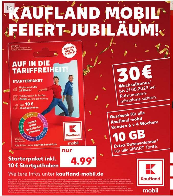 Kaufland mobil Prepaid 30€ Wechselsbonus + 10 GB zusätzliches Datenvolumen für sechs Abrechnungszeiträume /TELEKOM