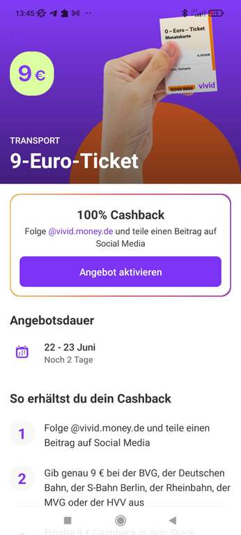[Vivid Insta] 100 % Cashback auf das 9 Euro Ticket