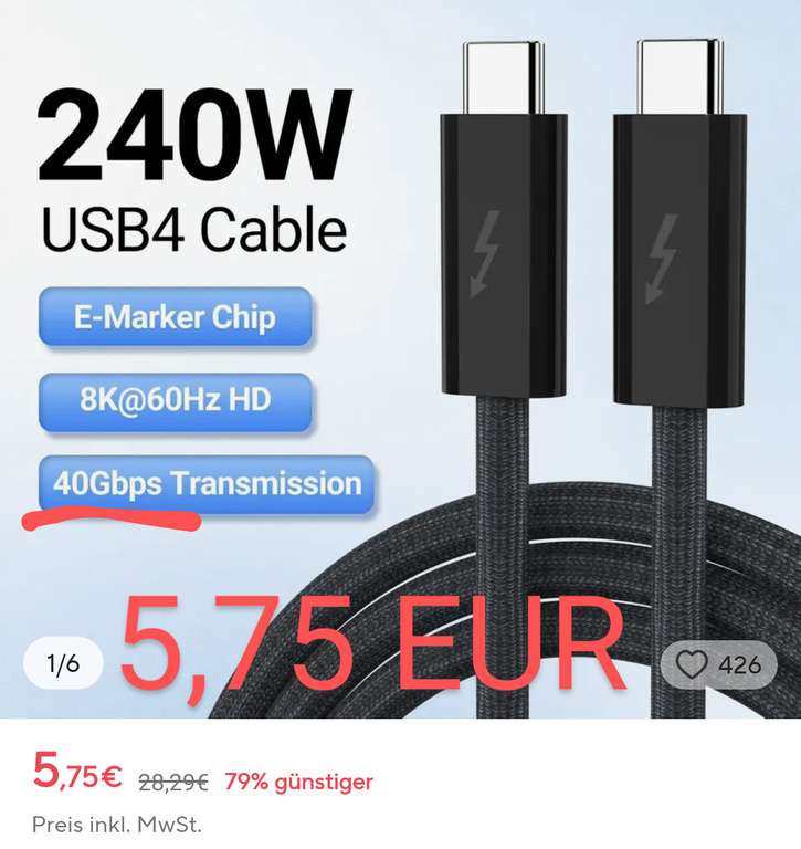 3x USB-C 40 Gbps 240W Thunderbolt 1,8m (5,34 Eur pro Kabel) USB4 Kabel