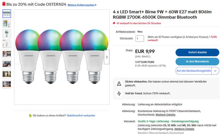 4 x LED Smart+ Birne 9W = 60W E27 matt 806lm RGBW 2700K-6500K Dimmbar Bluetooth und andere Ledvance und Osram bis -75%