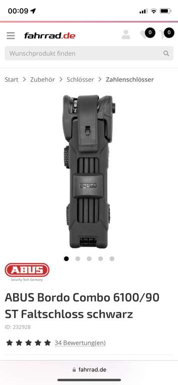 ABUS Bordo Combo 6100/90 ST Faltschloss schwarz