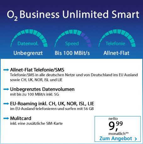 [Selbständige/Freiberufler/Unternehmen] o2 Business Unlimited Smart 2022 Flatrate ohne Drosselung bis 100 MBit/s inkl. Mulitcard