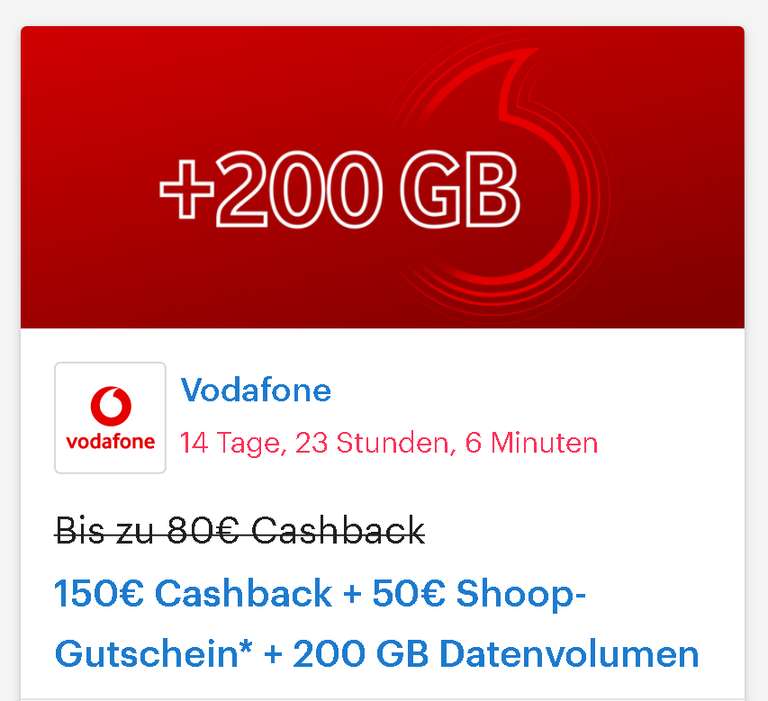 [Vodafone + Shoop] 150€ Cashback + 50€ Shoop-Gutschein* + 200 GB Datenvolumen