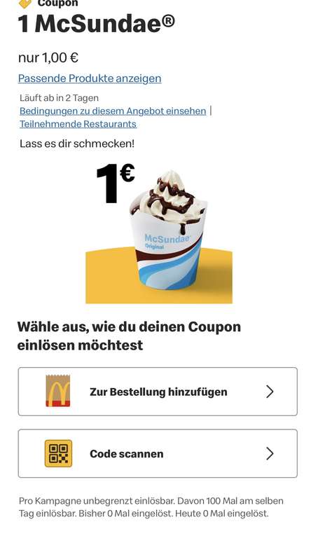 (McDonalds) McSundae Coupon für 1€ (personalisiert)