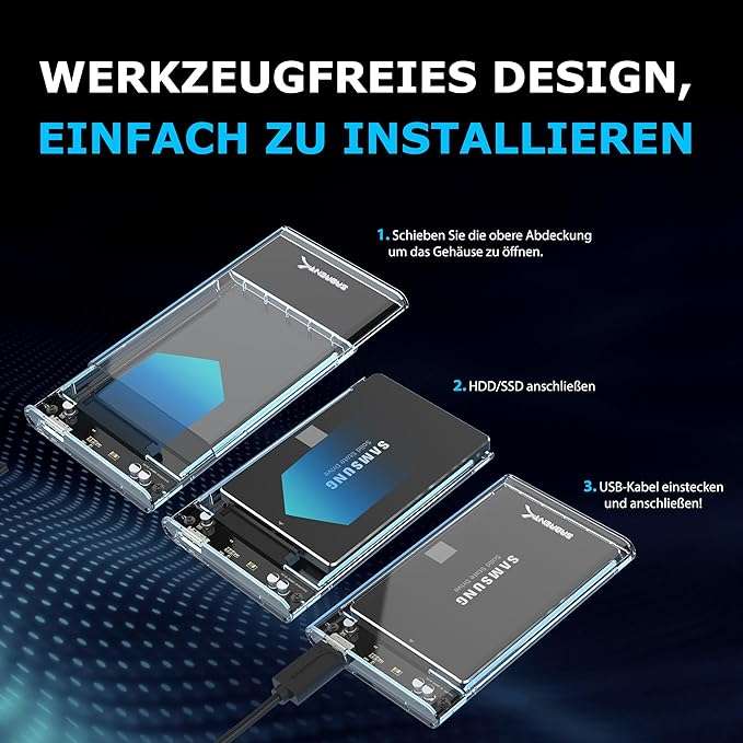 [Prime] SABRENT Festplattengehäuse 2,5 Zoll, SSD HDD SATA zu USB 3.2x1 Gehäuse